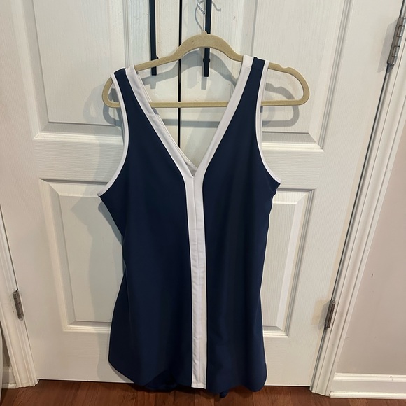 SculptLux V-neck mini dress. Navy and White. - Picture 2 of 12